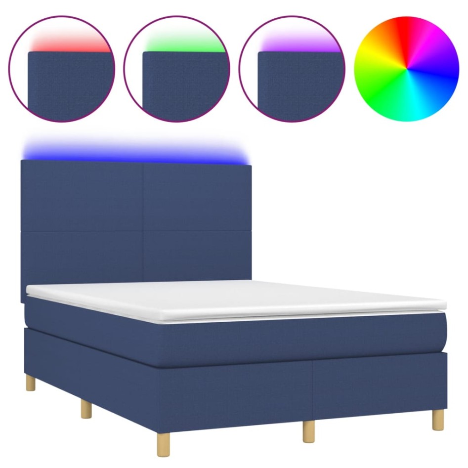 Cama box spring colchón y luces LED tela azul 140x200