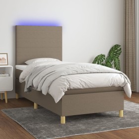 Cama box spring colchón y luces LED tela gris taupe 100x200