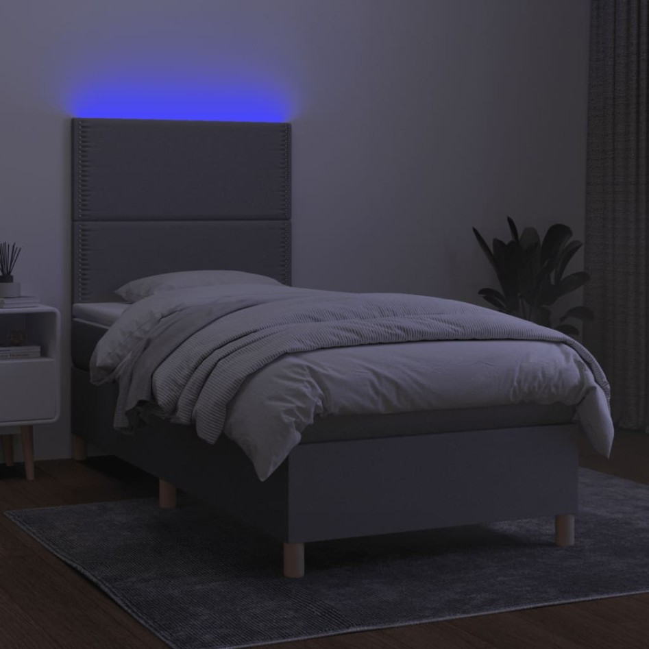 Cama box spring colchón y luces LED tela gris claro 100x200