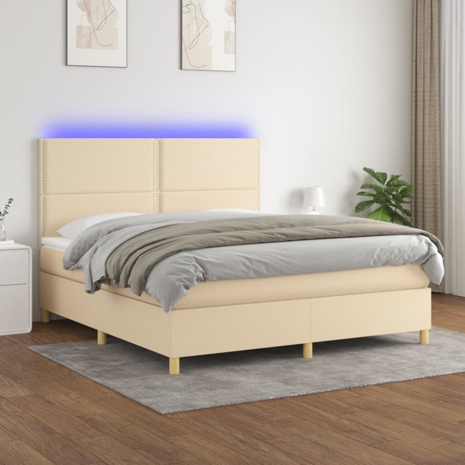 Cama box spring colchón y luces LED tela crema 180x200