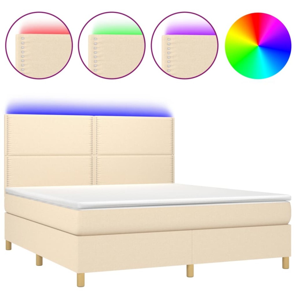 Cama box spring colchón y luces LED tela crema 180x200