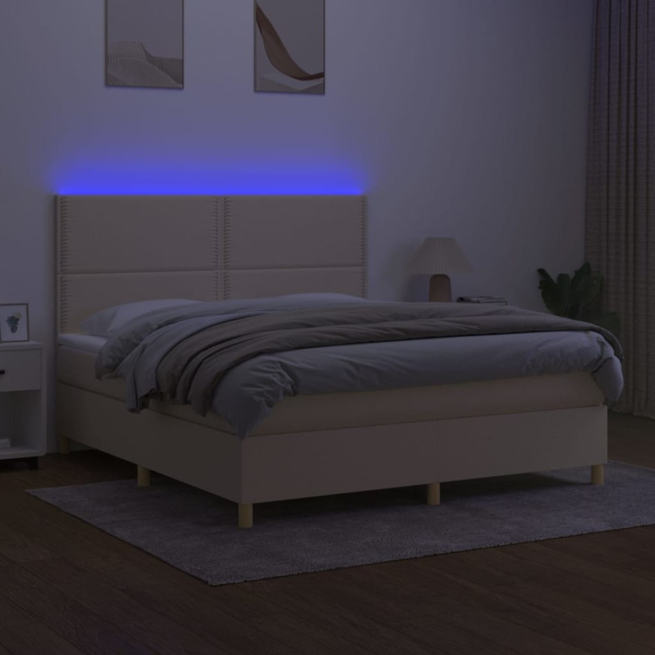 Cama box spring colchón y luces LED tela crema 180x200
