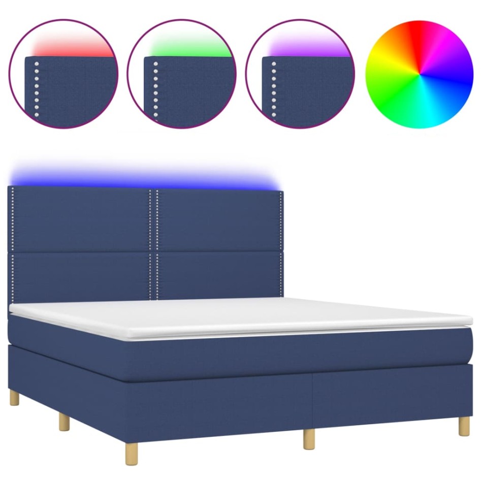 Cama box spring colchón y luces LED tela azul 160x200