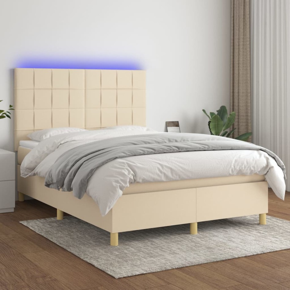 Cama box spring colchón y luces LED tela crema 140x200