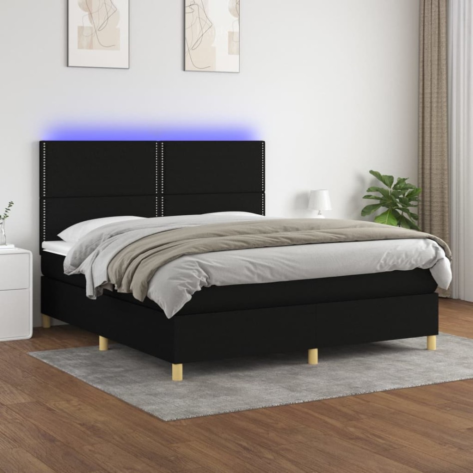 Cama box spring colchón y luces LED tela negro 160x200