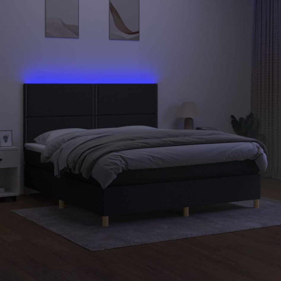 Cama box spring colchón y luces LED tela negro 160x200