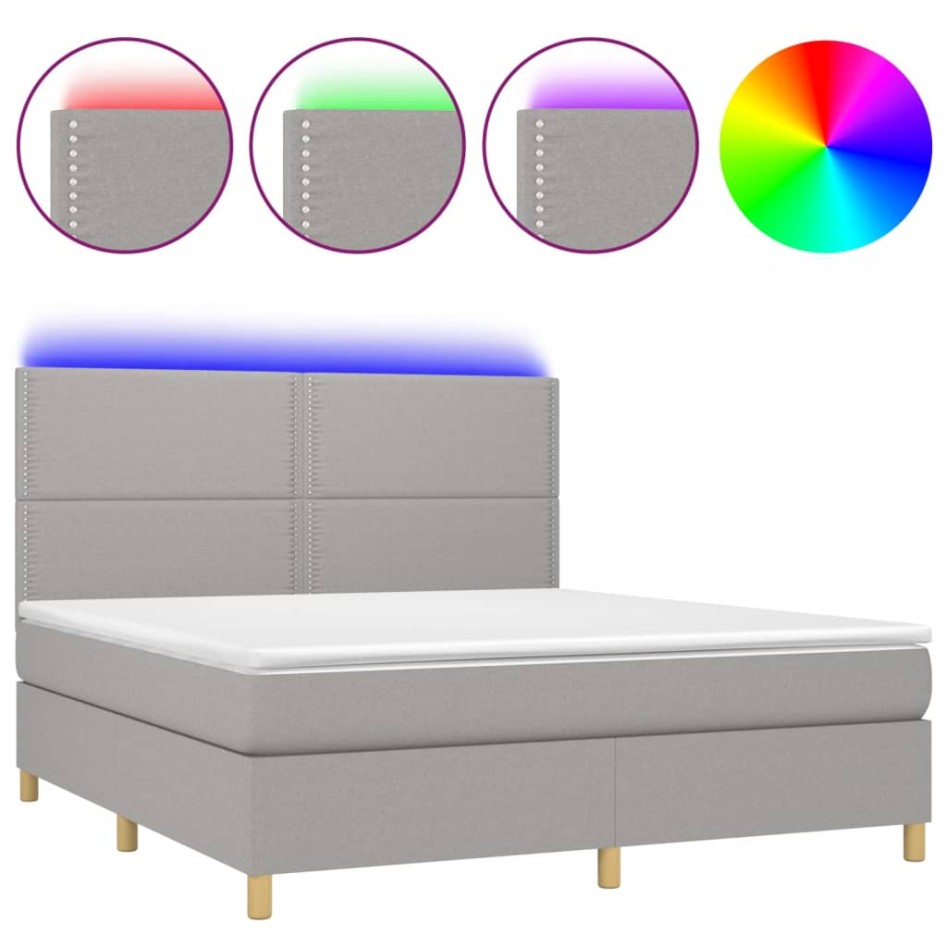 Cama box spring colchón y luces LED tela gris claro 160x200