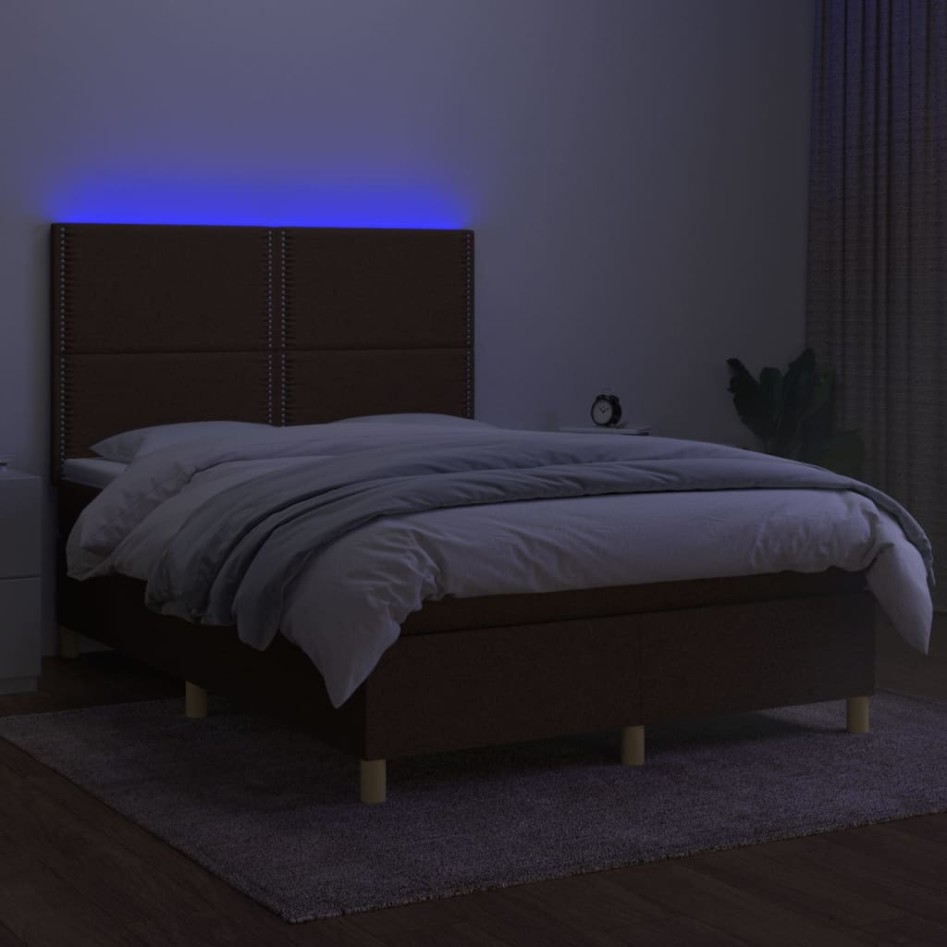 Cama box spring colchón luces LED tela marrón oscuro 140x190
