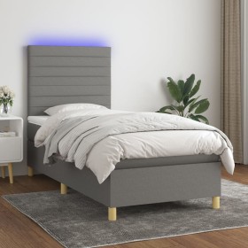 Cama box spring colchón y luces LED tela gris oscuro 100x200