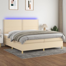 Cama box spring colchón y luces LED tela crema 200x200