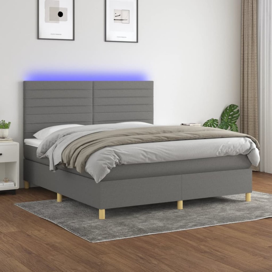 Cama box spring colchón y luces LED tela gris oscuro 160x200