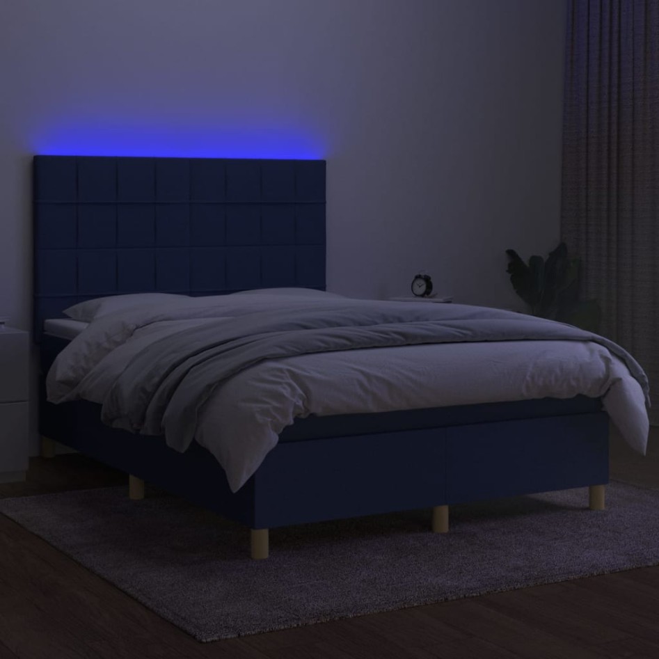 Cama box spring colchón y luces LED tela azul 140x190
