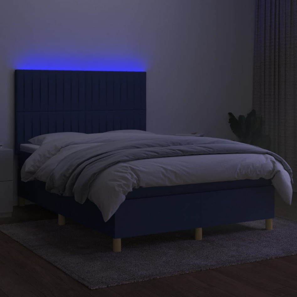 Cama box spring colchón y luces LED tela azul 140x200