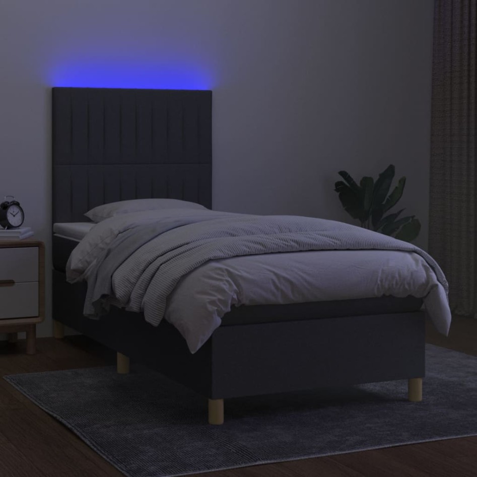 Cama box spring colchón y luces LED tela gris oscuro 90x190
