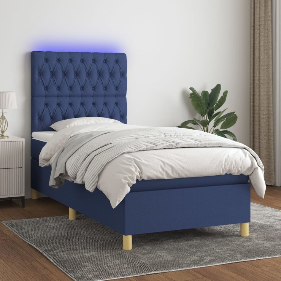 Cama box spring colchón y luces LED tela azul 90x190