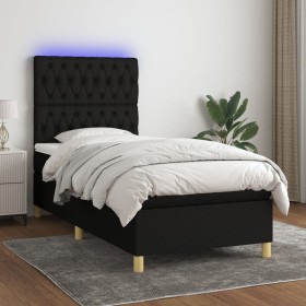 Cama box spring colchón y luces LED tela negro 100x200