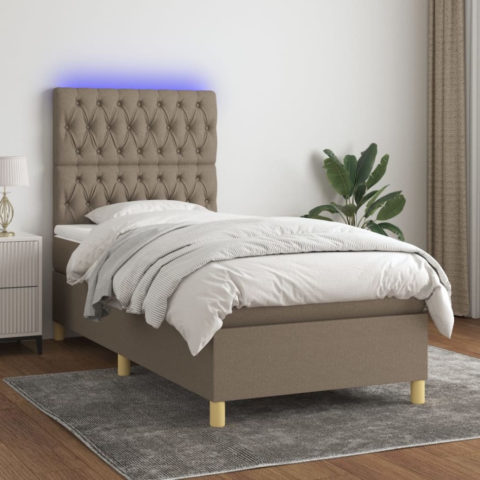 Cama box spring colchón y luces LED tela gris taupe 100x200