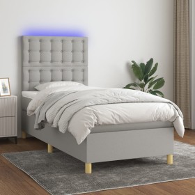 Cama box spring colchón y luces LED tela gris claro 90x200