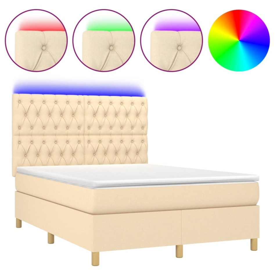 Cama box spring colchón y luces LED tela crema 140x190