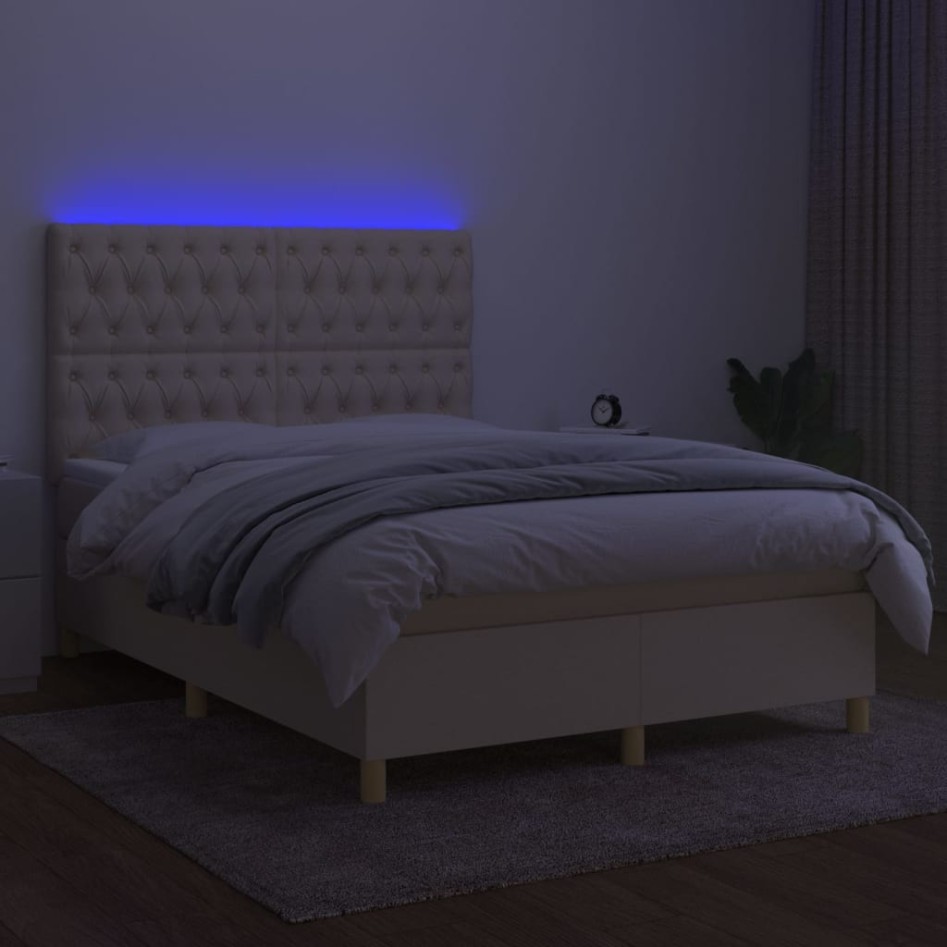Cama box spring colchón y luces LED tela crema 140x190