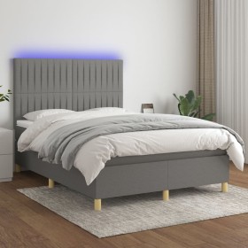 Cama box spring colchón y luces LED tela gris oscuro 140x200