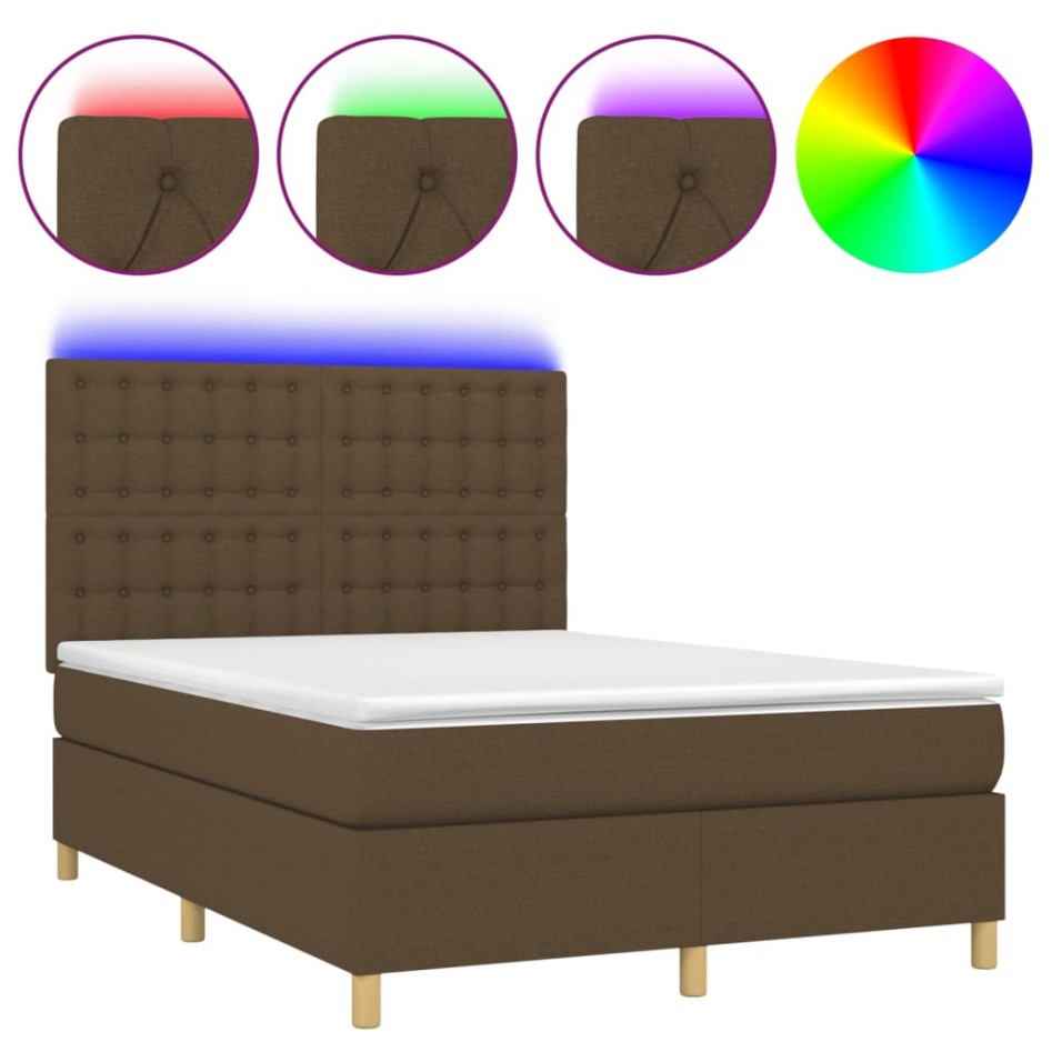 Cama box spring colchón luces LED tela marrón oscuro 140x190