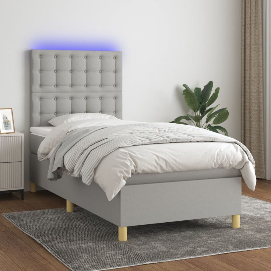 Cama box spring colchón y luces LED tela gris claro 100x200