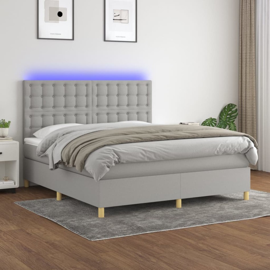 Cama box spring colchón y luces LED tela gris claro 160x200