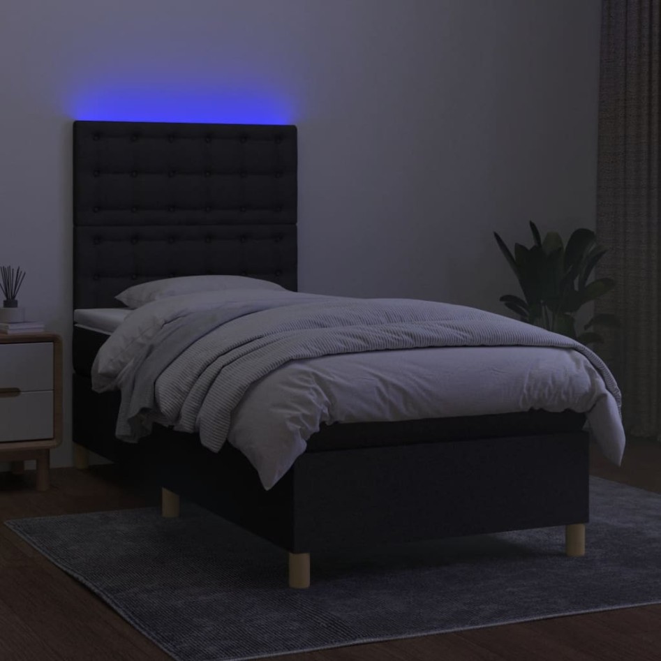 Cama box spring colchón y luces LED tela negro 90x200