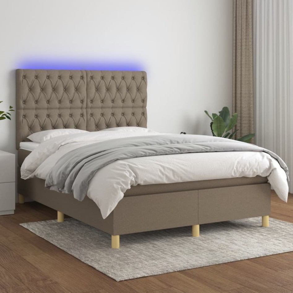Cama box spring colchón y luces LED tela gris taupe 140x200