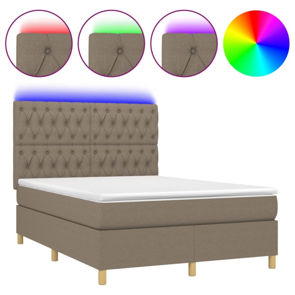 Cama box spring colchón y luces LED tela gris taupe 140x200