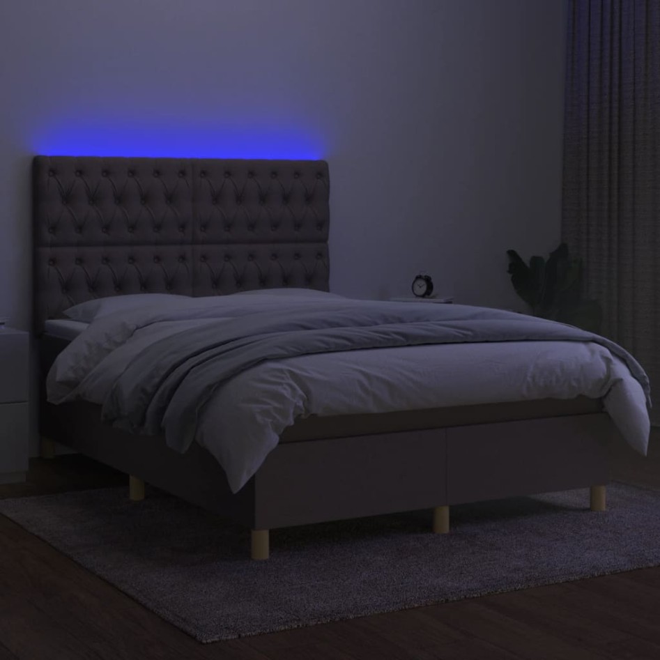Cama box spring colchón y luces LED tela gris taupe 140x200
