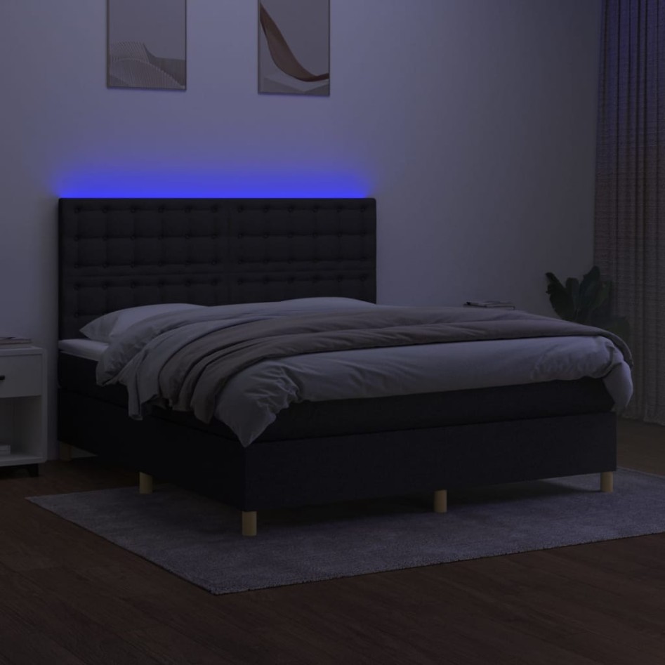 Cama box spring colchón y luces LED tela negro 160x200