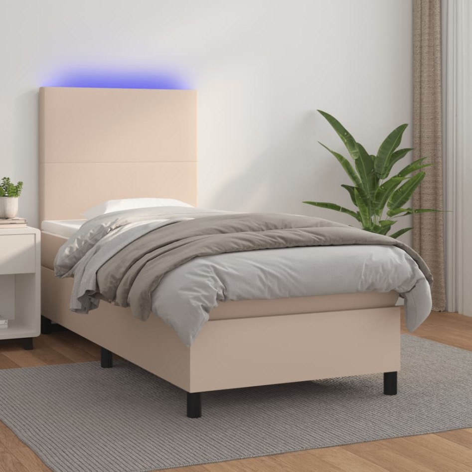 Cama box spring colchón LED cuero sintético capuchino 90x190