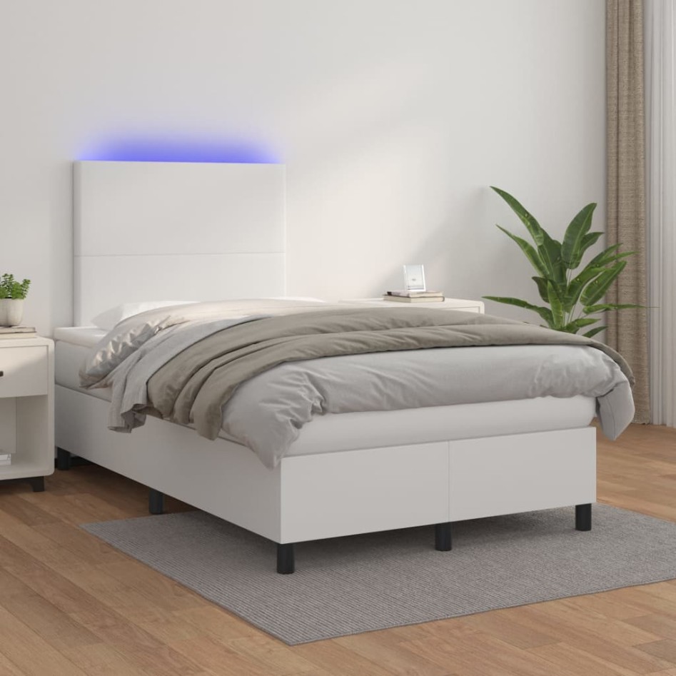 Cama box spring colchón y LED cuero sintético blanco 120x200