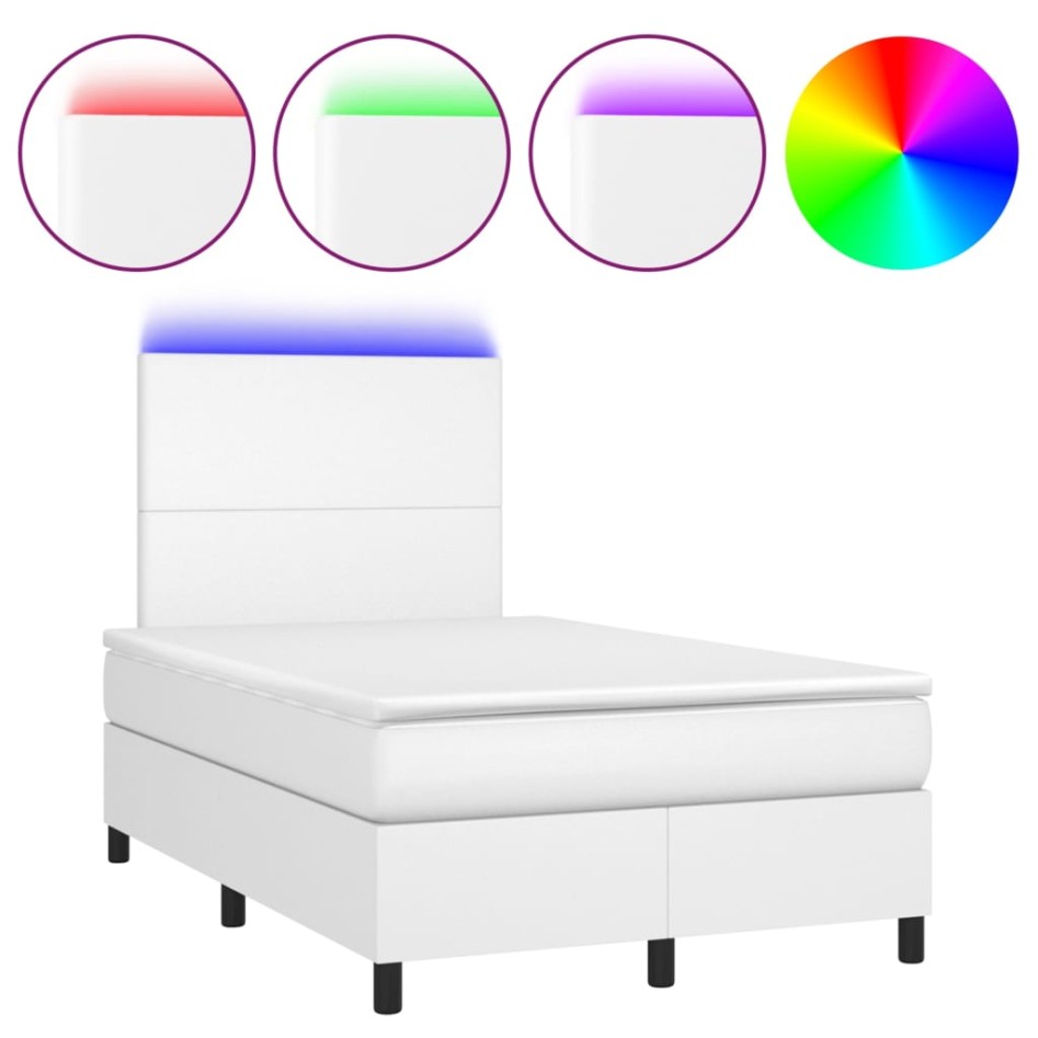 Cama box spring colchón y LED cuero sintético blanco 120x200