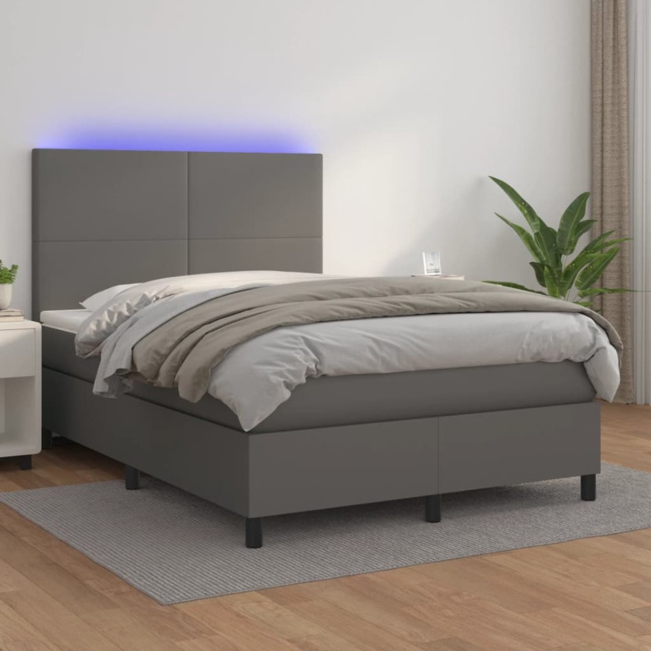 Cama box spring colchón y LED cuero sintético gris 140x190