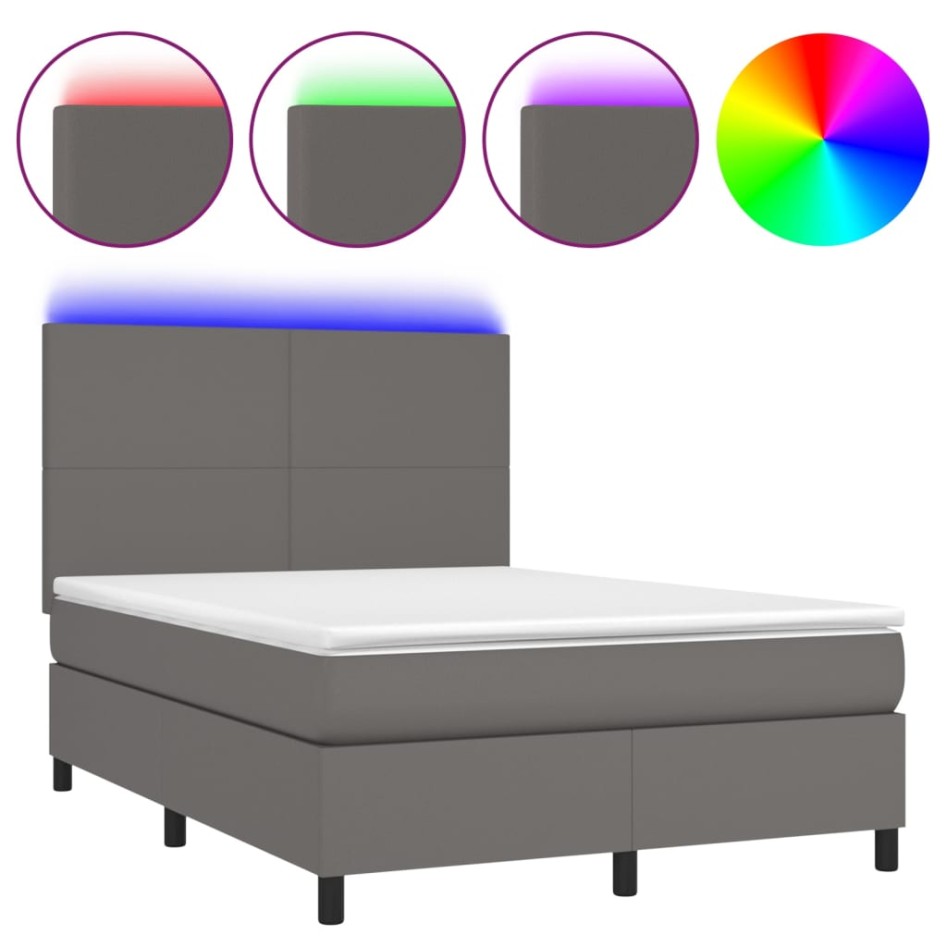 Cama box spring colchón y LED cuero sintético gris 140x190