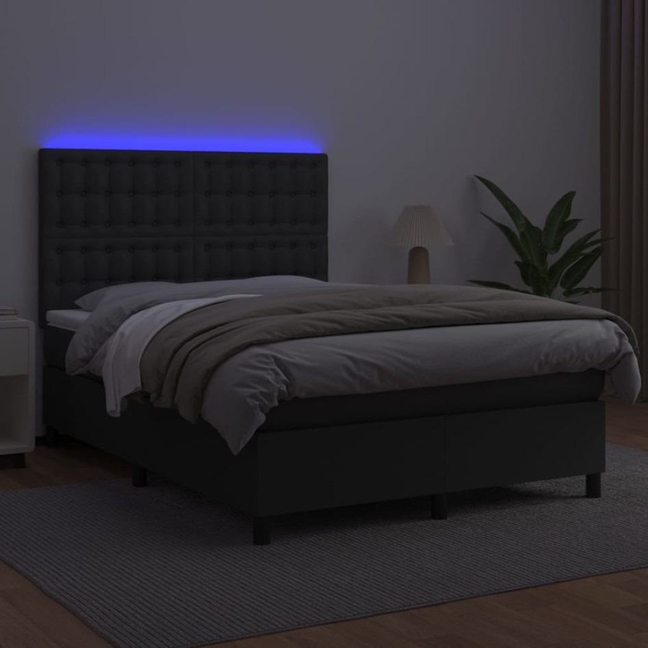 Cama box spring colchón y LED cuero sintético negro 140x200
