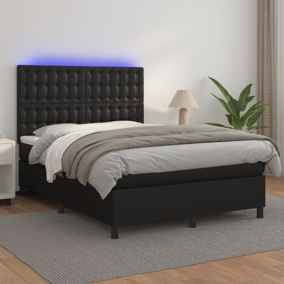 Cama box spring colchón y LED cuero sintético negro 140x190