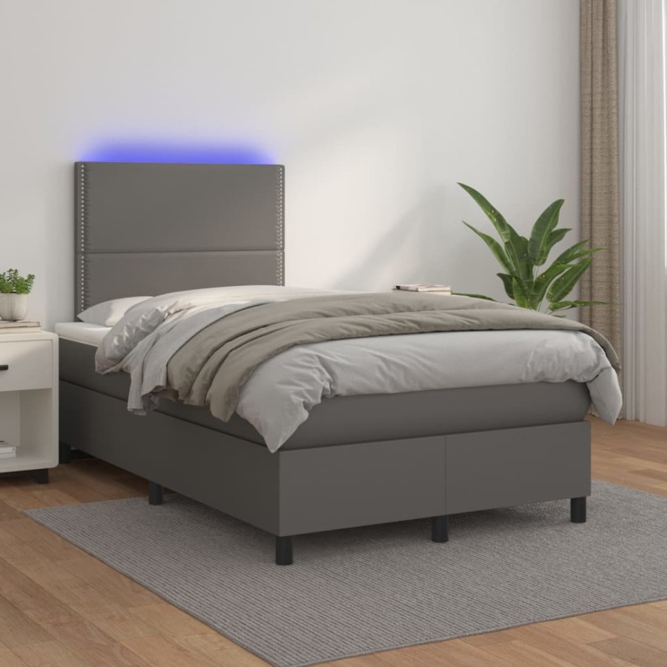 Cama box spring colchón y LED cuero sintético gris 120x200