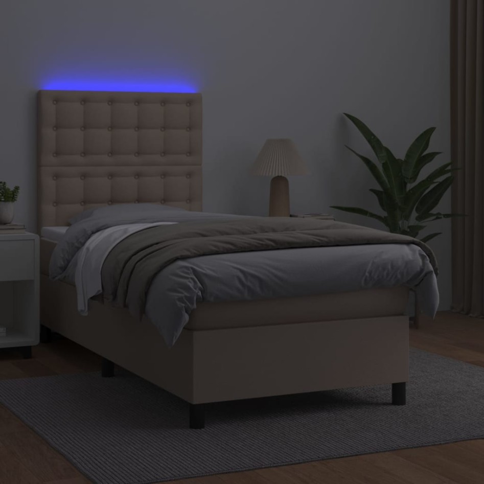 Cama box spring colchón LED cuero sintético capuchino 90x200