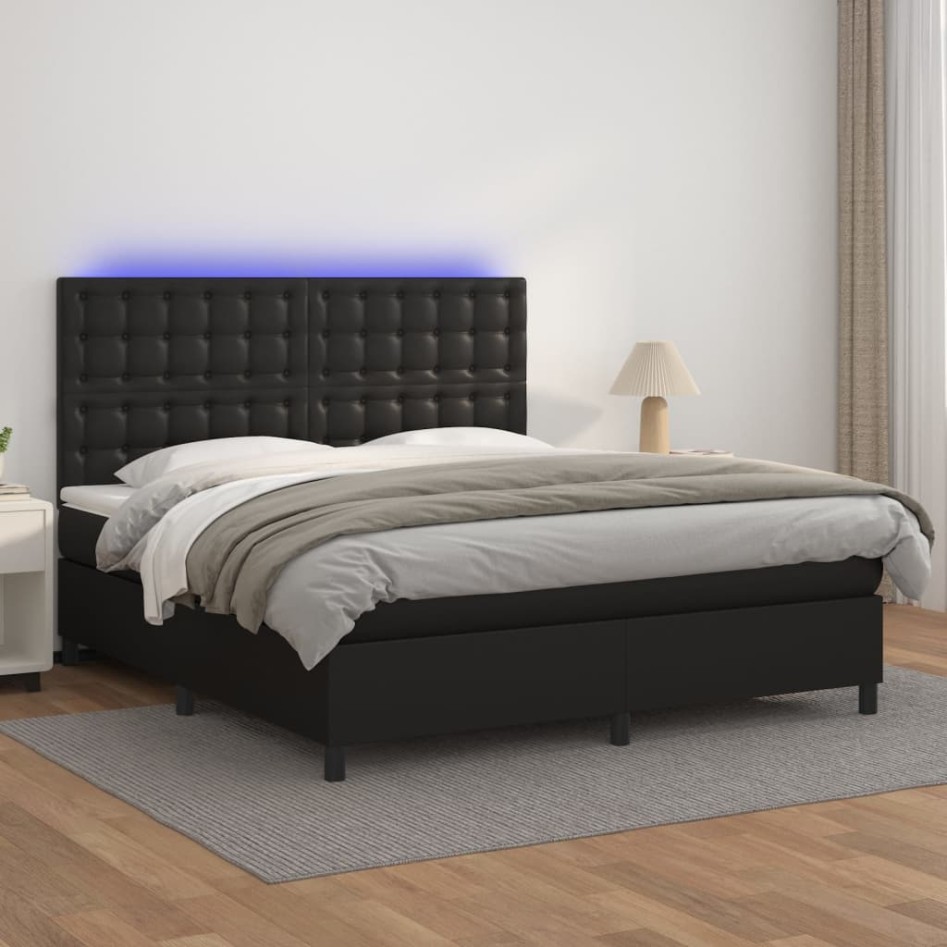 Cama box spring colchón y LED cuero sintético negro 160x200