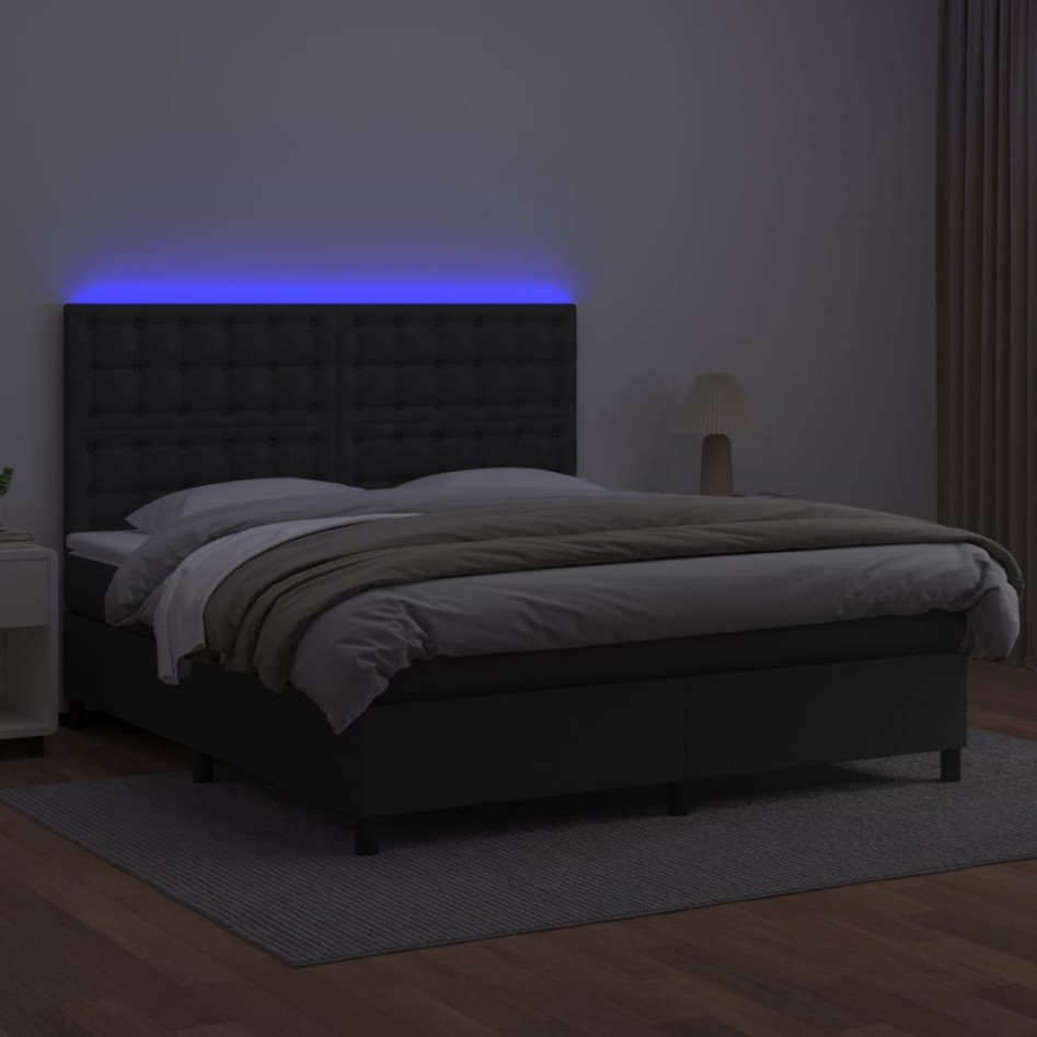 Cama box spring colchón y LED cuero sintético negro 160x200