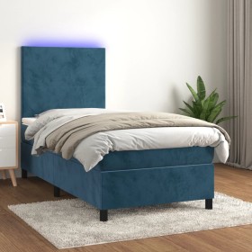 Cama box spring colchón y LED terciopelo azul oscuro 90x190