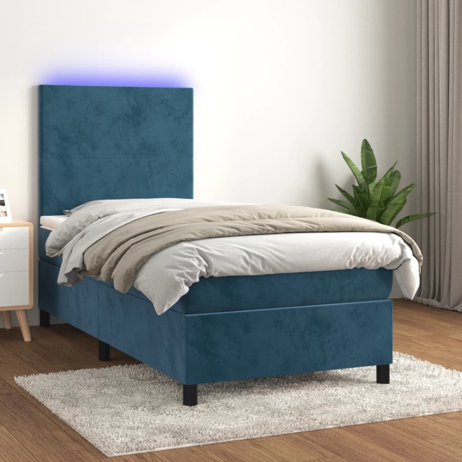Cama box spring colchón y LED terciopelo azul oscuro 90x190