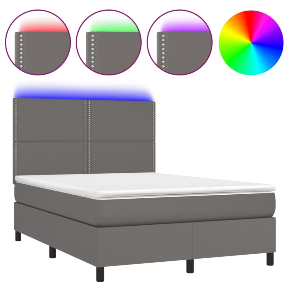 Cama box spring colchón y LED cuero sintético gris 140x200