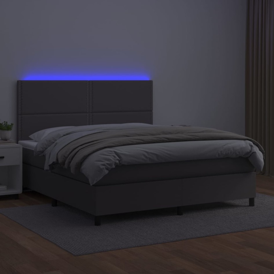 Cama box spring colchón y LED cuero sintético gris 140x200