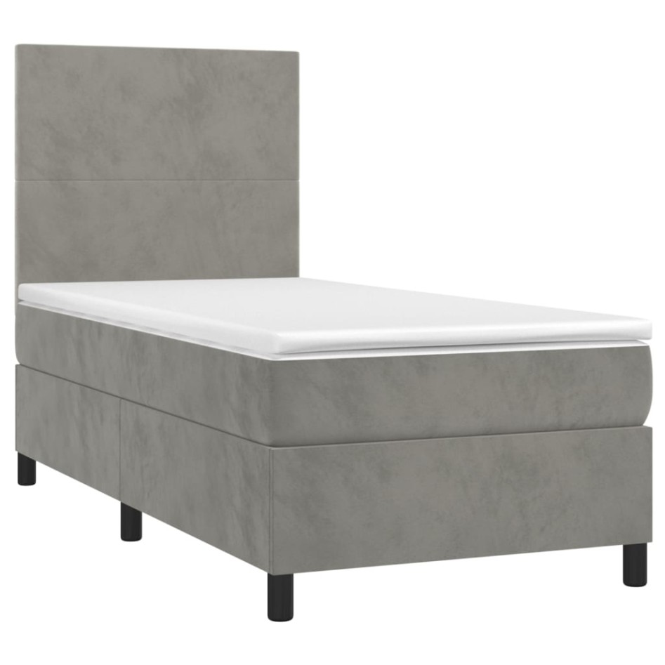 Cama box spring colchón y LED terciopelo gris claro 100x200