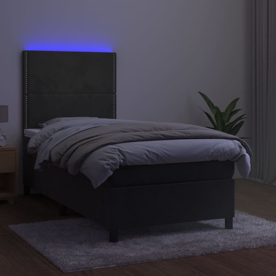 Cama box spring colchón y LED terciopelo gris oscuro 100x200